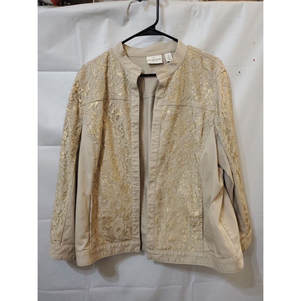 Chico's 3 Platinum Womens Beige Gold Denim‎ Lace Open Front Jacket